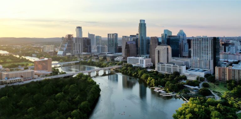 Aerial view of Austin Texas river and waterways showing flood zone areas