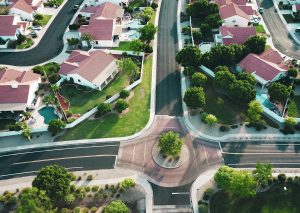 Aerial view of Austin Texas suburb neighborhood for renting vs buying comparison