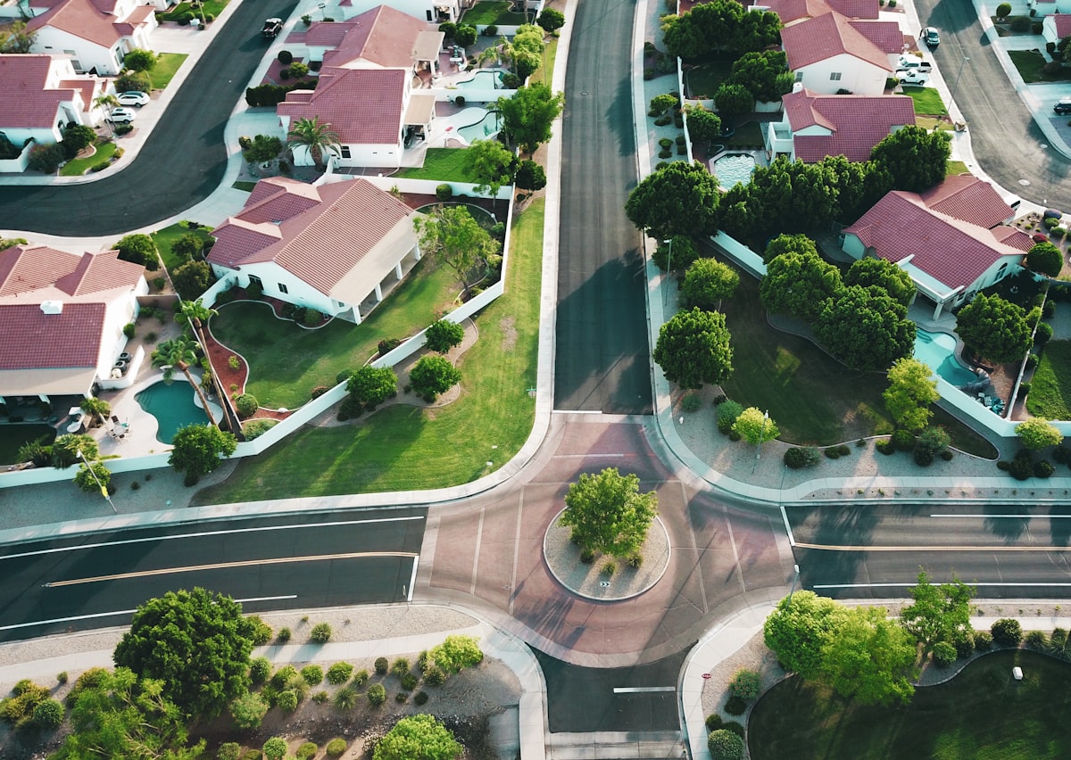 Aerial view of Austin Texas suburb neighborhood for renting vs buying comparison