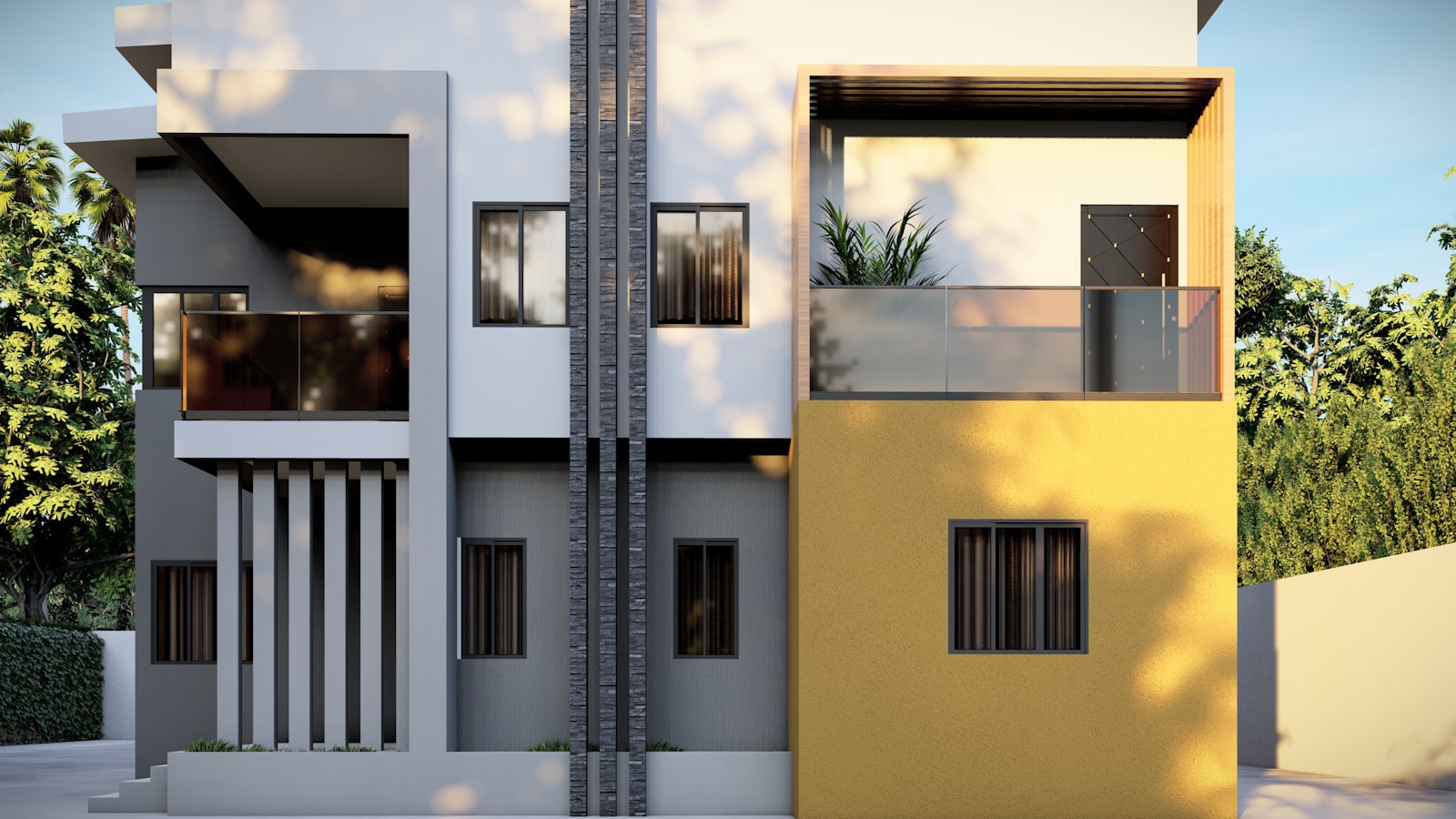 Two-unit residential building with balconies, the kind of duplex Austin buyers use for house hacking