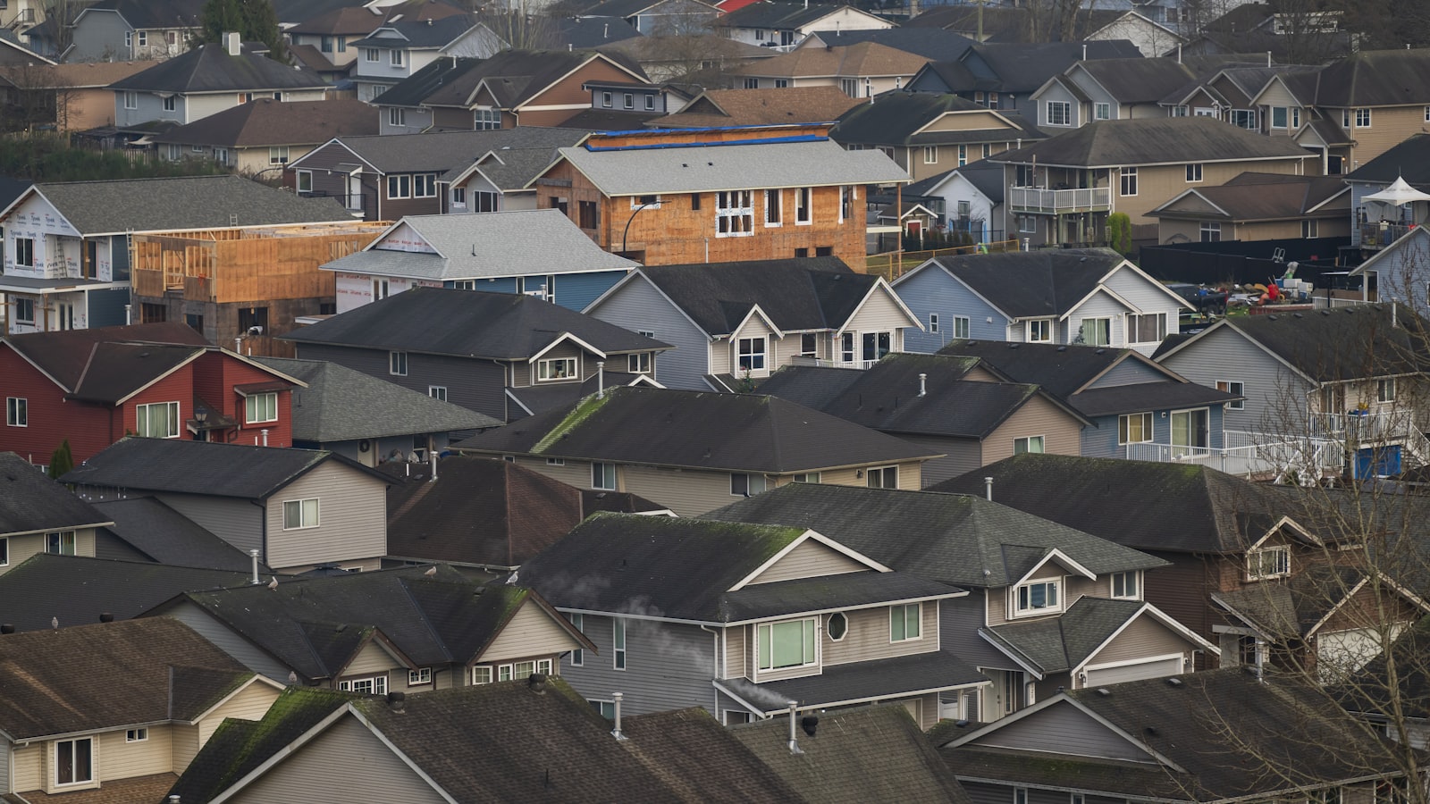 Dense neighborhood of small-lot starter homes on narrow lots in a new Texas subdivision